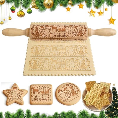 Houten deegroller met kerstmotief, 3D gegraveerde roller voor gebak, Pasen en feestdagen, ideaal voor kinderen en DIY bakken