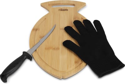 FC's Fileerset Deluxe - Fileermes met Bamboe Snijplank & Fileerhandschoen - Fileermes voor Vis, Snijplank Hout en Fileerhandschoen - Set voor snijden van Vis