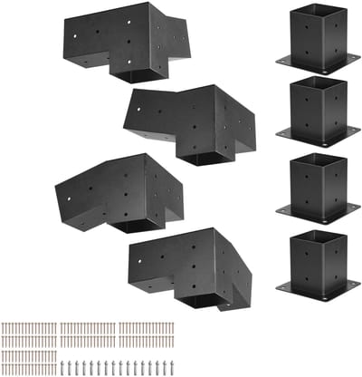 Pergola Kit, 4x4 Inch 3-Weg Hoekige Beugel voor 3.5x3.5 Inch Houten Balken, Duurzame Staal Beugels met Schroeven en Paal Basis, Ideaal voor Buiten Pergolas, Gazebos, Schuren, Set van 8