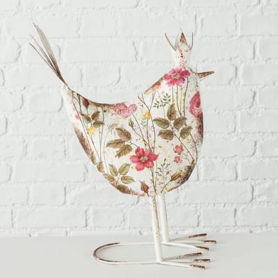 Metalen beeld van een gebloemde vogel met kroontje