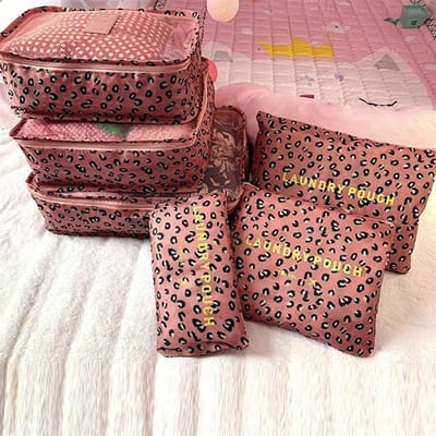 6 pièces Cubes de Rangement de Voyage Imprimé Léopard Organiseurs Multifonctions pour Bagages Fermeture Éclair Durable Lavable à la Main rose