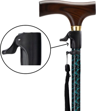 MultiMotion wandelstok met unieke drukknop verstelling - Met ergonomisch comfort handvat en polsbandje - Loopstok - Traploos verstelbaar tussen 65 - 102 cm - Zwart/ groene print