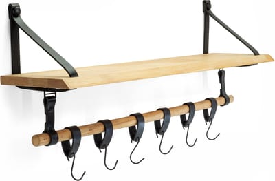 Industrial Living Wandplank Met Roede – Leren Bevestiging – 100% Leer – Boekenplank – Inclusief 6 stuks S-Haken – 80 cm – Opbergen – Wandrek