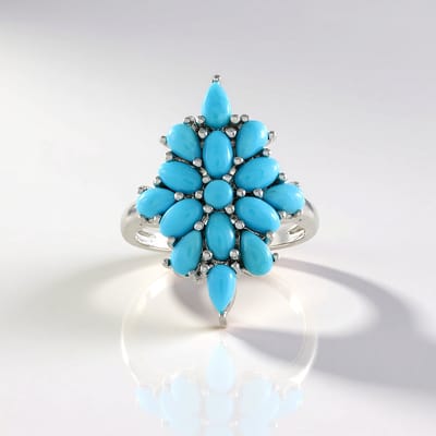 Cavill - 925 Sterling Zilver Ring - Platina Verguld - Sleeping Beauty Turkoois 2,93ct - Peervormig & Ovaal Cabochon - Elegante Blauwe Edelsteen