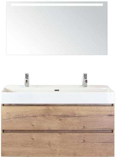 Maxx XL Badmeubelset 120 cm - Natuur Eiken - Wastafel Kube Enkel 2 Kraangaten met Sence Spiegel