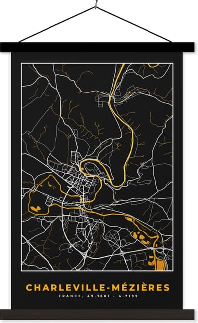Posterhanger incl. Poster 40x60 cm - Schoolplaat - Plattegrond - Charleville-Mêzières - Kaart - Frankrijk - Stadskaart - Textielposter - Zwarte latten - Stadskaart