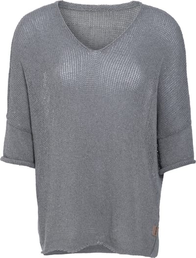 Knit Factory Jasmin Gebreide Dames Trui - Trui dames - Pullover voor de lente en zomer - Zomer trui dames - Damestrui - Duurzaam & milieuvriendelijk - V-hals - 3/4 mouw - Licht Grijs - 36/44 - 80% Gerecycled katoen
