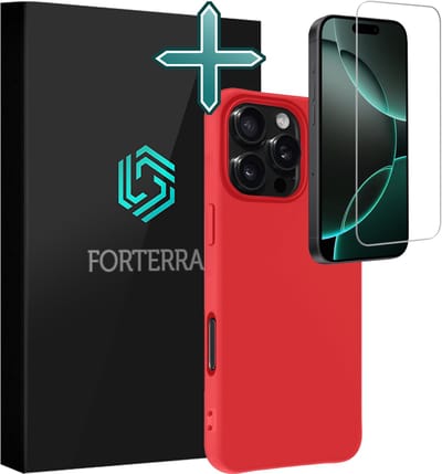 Hoesje Met Screenprotector - Geschikt voor Apple iPhone 16 Pro - Sterk & Shockproof - Telefoon Hoes - Back Cover - Siliconen Case - Rood