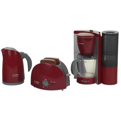 Klein Toys Bosch speelgoed keukenapparaten ontbijt - koffiezetapparaat - broodrooster - waterkoker - rood