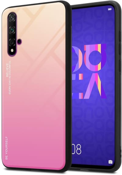 Cadorabo Hoesje geschikt voor Honor 20 / 20S / Huawei NOVA 5T in GEEL - ROZE - Tweekleurige beschermhoes van TPU-silicone Case Cover en achterzijde van gehard glas