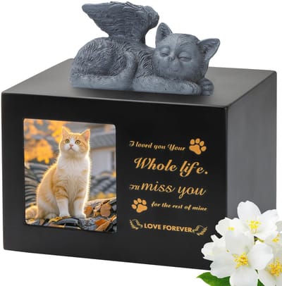 Dailygoods- Kattenurn Duurzaam - Herinneringsdoos - Houten Urn - Beeldje van Harskat - Fluwelen Zak - Hoogwaardige Kwaliteit - Herinneringsurn
