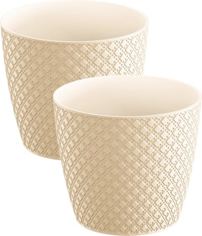 2x stuks orient stijl plantenpot/bloempot kunststof dia 16 cm en hoogte 14 cm in het creme wit voor binnen/buiten