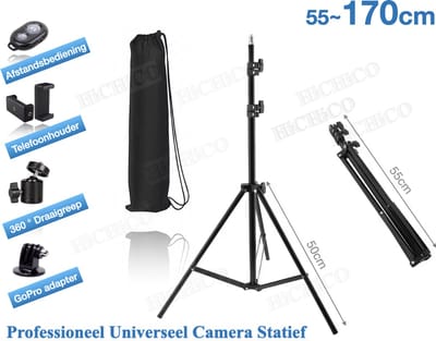 Statief 170cm met Draagtas Voor Smartphone, Actioncam, GoPro, Fotocamera en Spiegelreflexcamera Inc. Bluetooth Afstandsbediening - Smartphone Statief - Camerastatief - Tripod - Light Stand – HiCHiCO®