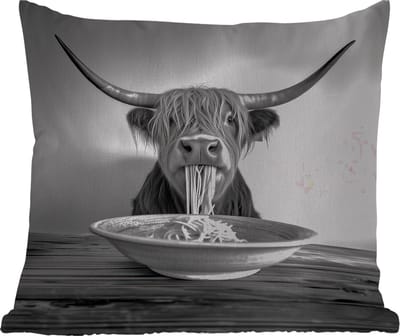 Sierkussen Buiten - Schotse Hooglander - Spaghetti - Dieren - Zwart wit - 60x60 cm - Weerbestendig