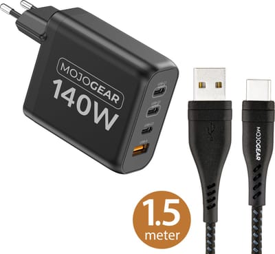 MOJOGEAR CHARGE+ 140 Watt oplader met USB naar USB-C kabel 1,5 meter — Oplader voor laptop, smartphone, tablet — 3x USB-C / 1x USB-A — Zwart