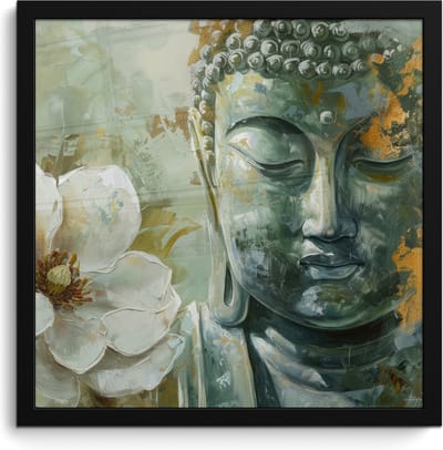 Poster in lijst - Fotolijst 40x40 cm - Posters - Boeddha - Groen - Lotusbloem - Wit - Posterlijst zwart - Decoratie - Wanddecoratie woonkamer - Muurdecoratie slaapkamer