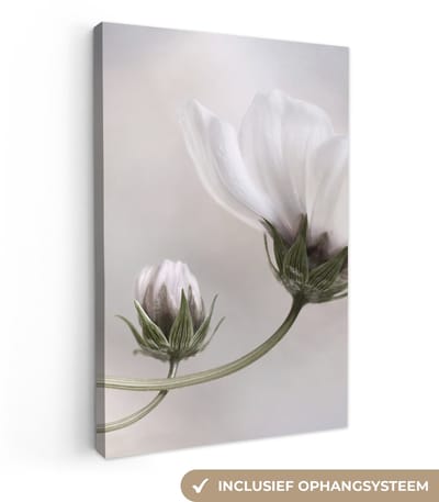 Canvas schilderij 20x30 cm - Wanddecoratie Bloemen - Stilleven - Natuur - Grijs - Muurdecoratie woonkamer - Slaapkamer decoratie - Kamer accessoires - Schilderijen op canvas