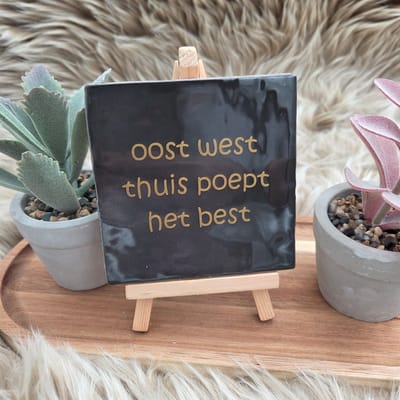 Robuust wenstegeltje “oost west thuis poept het best” – 10x10 cm – Humoristische Wanddecoratie & Cadeau – Cadeau vrienden,zomaar – Humor tegeltje - Grappige tekst – WC decoratie humor – Trendy nu – Decoratief Tegeltje met Standaard – Cadeau Idee