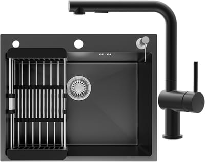 CECIPA max Spoelbak Keuken 60x49CM Antraciet - Spoelbakken Met L-uitloop Keukenkraan en Met Kraangat - Enkele spoelbak met Afdruiprek en Zeepdispenser - Incl. Sifon en Afvoerzeefje