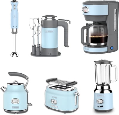 Westinghouse Retro 6-delige Set – Handmixer + Staafmixer + Blender 1,5L + Waterkoker 1,7L + Broodrooster 2 Sneden + Filter Koffiezetapparaat – Blauw
