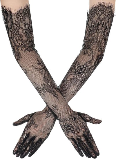 Elegante Lange Kanten Handschoenen in Zwart voor Bruiloft, Avondfeest en Theeparty - Vintage 1920s Stijl met Bloemenpatroon