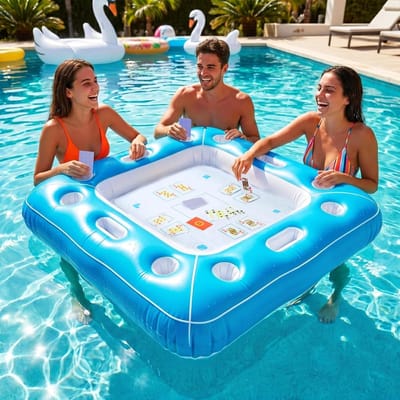 Inflatable Pool Game Table Floating Game Tables with Waterproof Playing Cards Swimming Pool Inflatable Table for Beach Party Hot Springs Water Park Summer Gathering