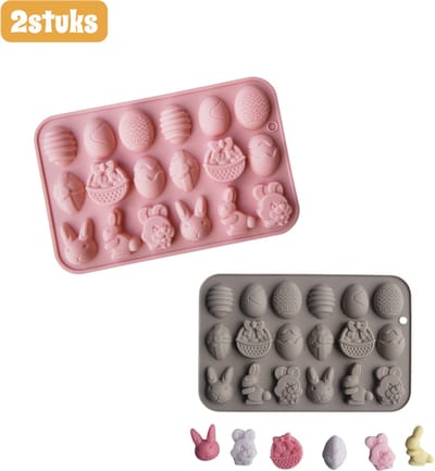 2 stuks - Bakvorm - siliconen mallen - 18 holtes - paasei- en konijnvormen - cake- en chocolademallen - bak， dessert- en zeepmaakgereedschap - geschikt voor Pasen - roze + grijs