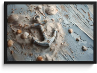 Poster in lijst - Fotolijst 60x40 cm - Posters - Anker - Hout - Schelpen - Zand - Posterlijst zwart - Decoratie - Wanddecoratie woonkamer - Muurdecoratie slaapkamer