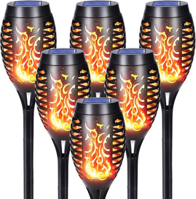 MELVRA Solarlampen Buiten - Tuinfakkels met Realistisch Vlameffect - Set van 6 stuks - 12 LED - IP65 Waterdicht - Solar Tuinverlichting voor Gazon, Pad & Balkon
