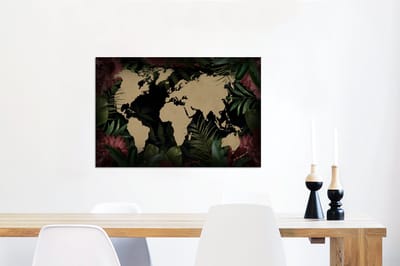 Aluminium schilderij 90x60 cm - Wanddecoratie metaal - Wereldkaart - Bruin - Tropische planten - Metalen muurdecoratie woonkamer - Decoratie industrieel - Foto op dibond - Industriële accessoires slaapkamer