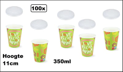 100x Milkshake beker Relax groen 350ml + 100x deksel - Karton - Drinken beker thema feest festival evenement fun diner milkshakebeker