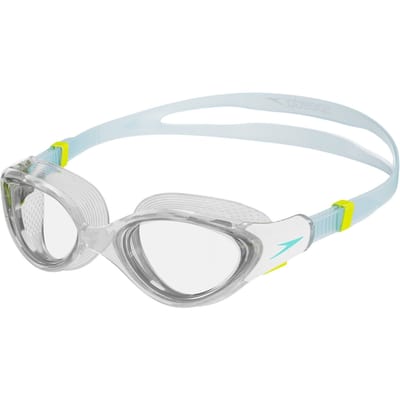 Speedo Biofuse 2.0 Zwembril Dames - Ergonomische Duikbril Volwassenen - Anti condens & UV-bescherming - Professionele Zwembril met Drukknopsluiting - Superzachte Afdichting - Clear/Blauw