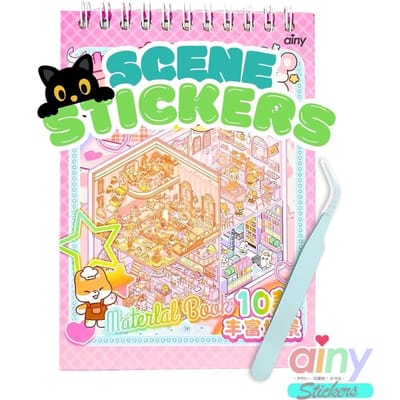 Ainy - Scene 3D Stickerboek Roze S | Inclusief Pincet | Set van 10 Achtergronden 10x14cm met PET Stickers | Capybara & Kat miniatuur sticker | Creatief & Rustgevend vakantieboek | Stickervellen voor volwassenen en kinderen