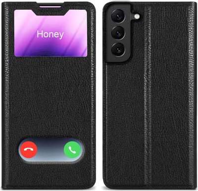 Cadorabo Hoesje geschikt voor Samsung Galaxy S22 PLUS in KOMEET ZWART - Beschermhoes met magnetische sluiting, standfunctie en 2 kijkvensters Book Case Cover Etui