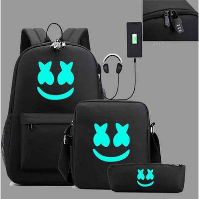 Marshmello Marshmallow Lichtgevende Rugzak Crossbody Etui Drie Delig Set Usb Opladen Student Schooltas Rugzak One size fits all zwart