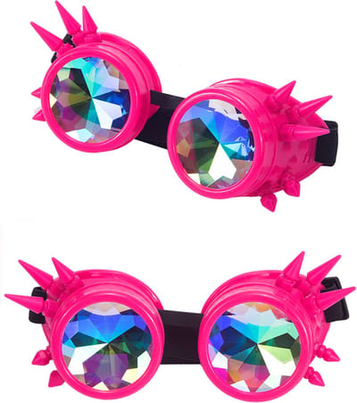 KIMU® Goggles Steampunk Bril Met Spikes - Roze Montuur - Caleidoscoop Glazen - Spacebril Space Caleidoscope Rave Neon Blacklight Festival