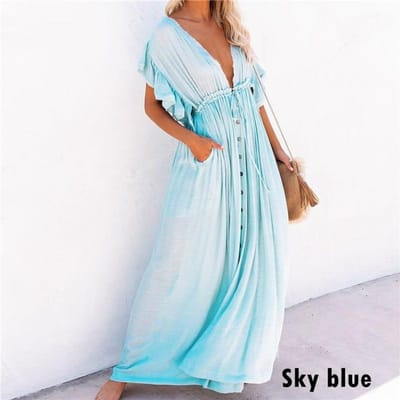 Vrouw Boheemse Boho Mode Elegante Sexy V-hals Bikini Cover-ups Lange Witte Tuniek Casual Zomer Strandjurk Elegant One Size hemelsblauwe kleur