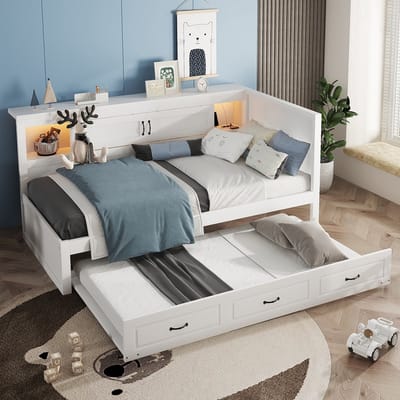 MODFU Ledikant 90x200 cm – Spaanplaat en MDF – Met uitschuifbed, LED & opbergruimte – Wit