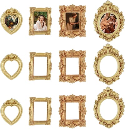 12 Stuks Vintage Fotolijsten van Kunsthars in Goud, Barokstijl Mini-Fotolijsten voor Sieraden en Knutselaccessoires, Perfect voor Bureau Decoratie