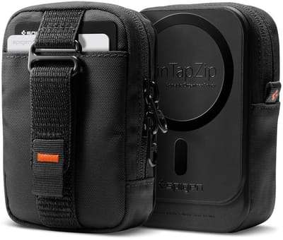 Spigen Organizer Etui voor MagSafe | TintapZip MagFit Accessoire Pouch | Compact Opbergtasje voor Pasjes, AirPods & Kleine Essentials | RFID‑Bescherming | Verstelbare Bevestiging | Nylon | Zwart