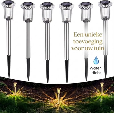 Livatto Tuinverlichting op Zonne-energie 6-delig Warmwitte LED Grondspots - Roestvrij Stalen Paaltjes, Waterdicht (IP65) voor Gazon, Tuinpad en Binnenplaats