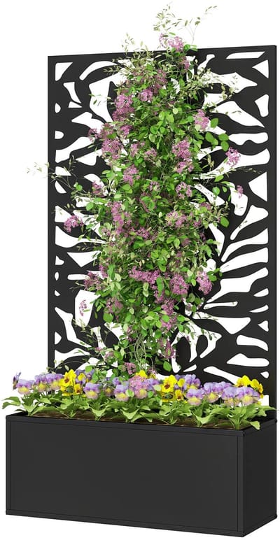 Plantenbak met klimrek - Weerbestendig - Bloembak - Met trellis - Buiten - Hout - Plantenrek - Rechthoekig - Zwart