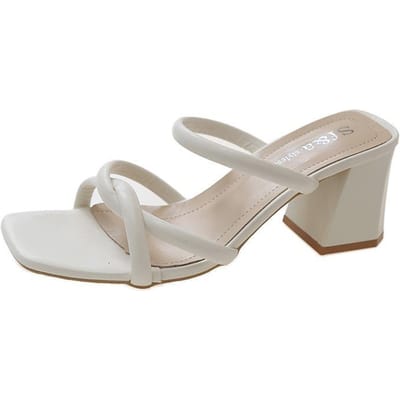 Nieuwe Zomer Mode Open Teen Vierkante Neus Middenhoge Hak Schoenen Geplooide Chunky Sandalen met A-lijn Enkelschoen Dames 39 white