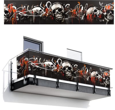 Balkonscherm 500x110 cm - Balkonposter Schedels - Kunst - Donker - Rood - Balkon scherm decoratie - Balkonschermen - Balkondoek zonnescherm