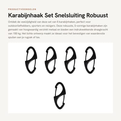 Dailygoods- Karabijnhaken Set van 5 - Snelsluiting - Robuust Metaal - Lichtgewicht - Multifunctioneel - Tot 150 kg Draagkracht - Haak