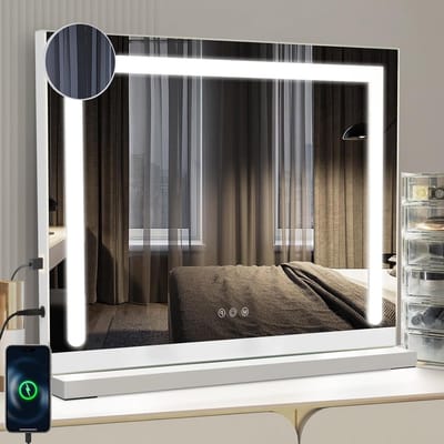 Verlichte Make-up Spiegel 50x40 cm - Dimbare LED Spiegel met 3 Kleuren, 5x Vergrotende Spiegel en USB Aansluiting voor Perfecte Make-up