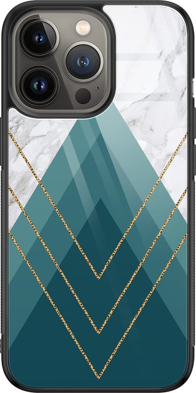 Hoesje geschikt voor iPhone 13 Pro Max - Geometrisch blauw - Luxe Glazen Hardcase - Hippe print - Blauw - Leuke Telefoonhoesjes