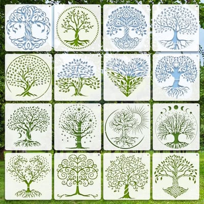 16-delige sjablonen voor de Boom des Levens, ideaal voor schilderen, tekenen en scrapbooking, perfect voor wanddecoratie en DIY cadeaus voor kinderen