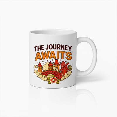Reismok 330ml – “The Journey Awaits” Inspirerende Avontuurlijke Koffiemok, Perfect Cadeau voor Reizigers en Dromers