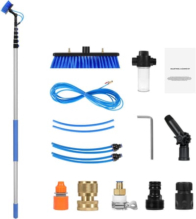 Watertoevoer Paalset - 11 M Uitschuifbaar voor Grondige Reiniging van Zonnepanelen, Ramen en Meer, met 180° Draaibare Borstelkop en 20 M Slang